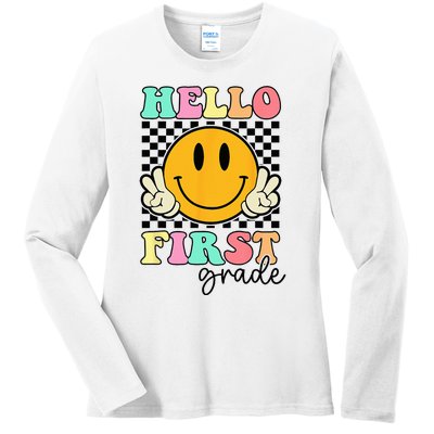 Hello First Grade Retro Smile Team 1st Grade Back to School Ladies Long Sleeve Shirt