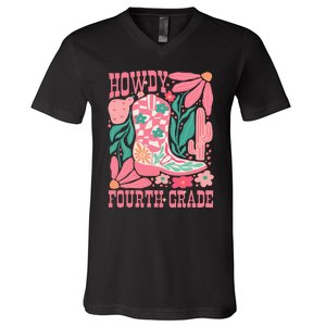 Howdy Fourth Grade Western 4th Grade Teacher Cowboy Cowgirl V-Neck T-Shirt