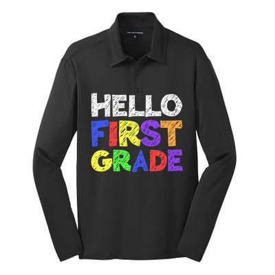 Hello First Grade 1st Grade Back To School Silk Touch Performance Long Sleeve Polo