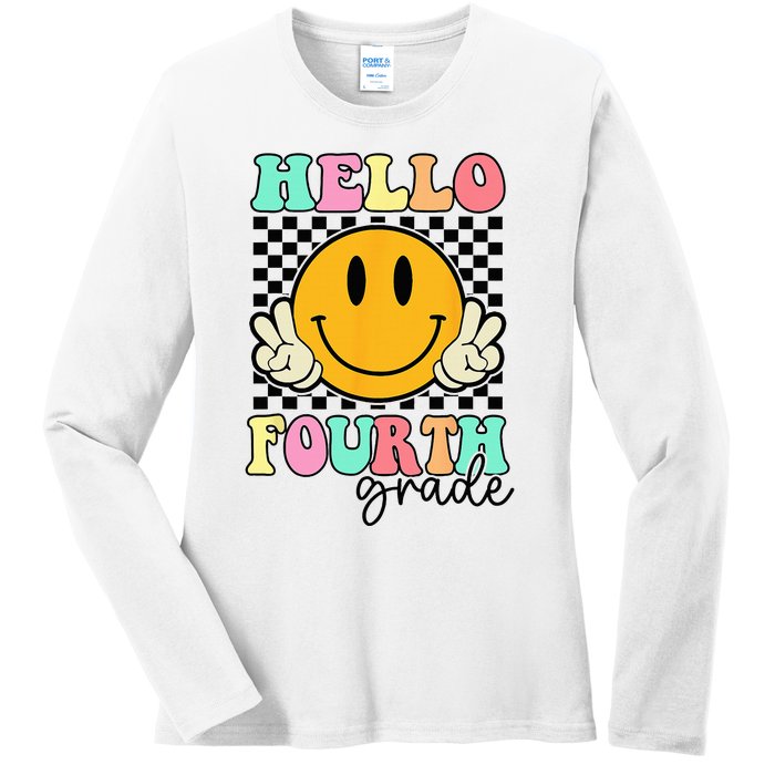 Hello Fourth Grade Retro Smile Team 4th Grade Back to School Ladies Long Sleeve Shirt