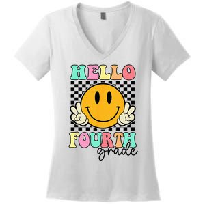 Hello Fourth Grade Retro Smile Team 4th Grade Back to School Women's V-Neck T-Shirt