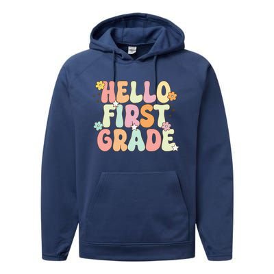 Hello First Grade Team 1st Grade Back To School Teacher Performance Fleece Hoodie