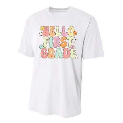 Hello First Grade Team 1st Grade Back To School Teacher Performance Sprint T-Shirt