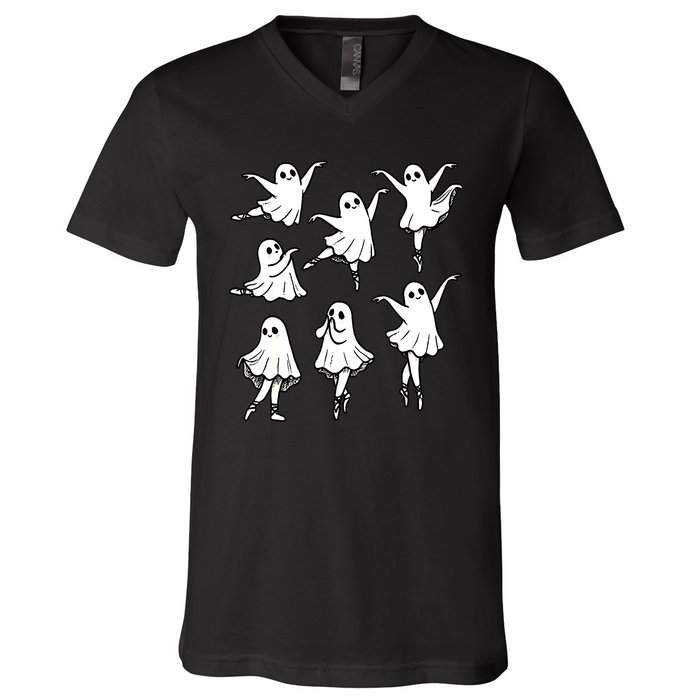 Halloween Funny Ghost Ballet Dancer Spooky Dance Teacher Gift V-Neck T-Shirt