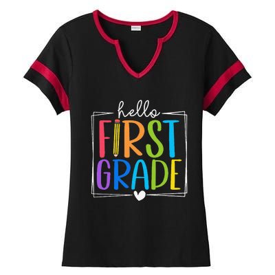 Hello First Grade Team 1st Grade Back To School Teacher Ladies Halftime Notch Neck Tee