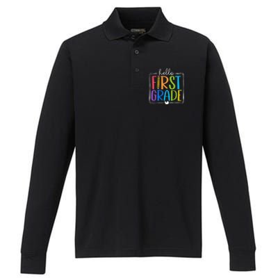 Hello First Grade Team 1st Grade Back To School Teacher Performance Long Sleeve Polo