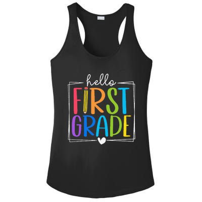 Hello First Grade Team 1st Grade Back To School Teacher Ladies PosiCharge Competitor Racerback Tank