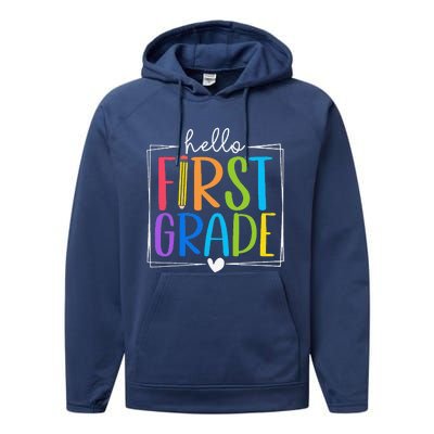 Hello First Grade Team 1st Grade Back To School Teacher Performance Fleece Hoodie