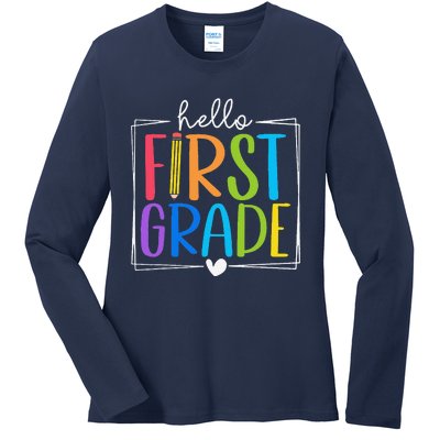 Hello First Grade Team 1st Grade Back To School Teacher Ladies Long Sleeve Shirt