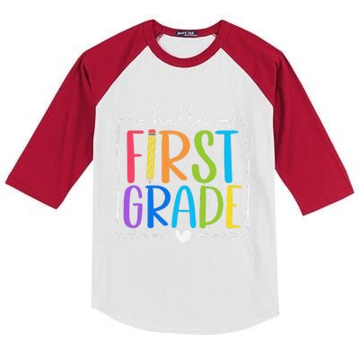 Hello First Grade Team 1st Grade Back To School Teacher Kids Colorblock Raglan Jersey