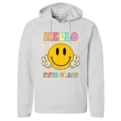 Hello Fifth Grade Hippie Smile Face 5th Grade Back To School Performance Fleece Hoodie