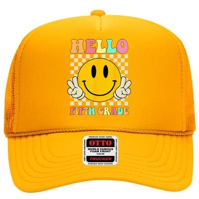 Hello Fifth Grade Hippie Smile Face 5th Grade Back To School High Crown Mesh Back Trucker Hat