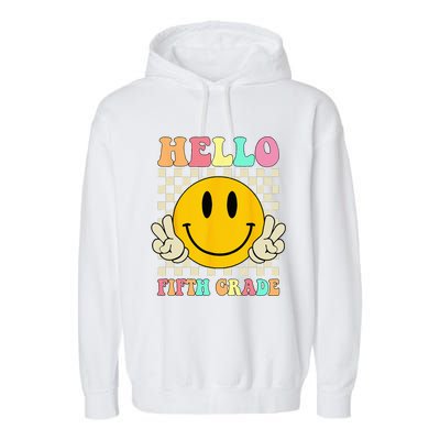 Hello Fifth Grade Hippie Smile Face 5th Grade Back To School Garment-Dyed Fleece Hoodie