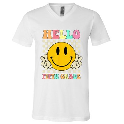 Hello Fifth Grade Hippie Smile Face 5th Grade Back To School V-Neck T-Shirt