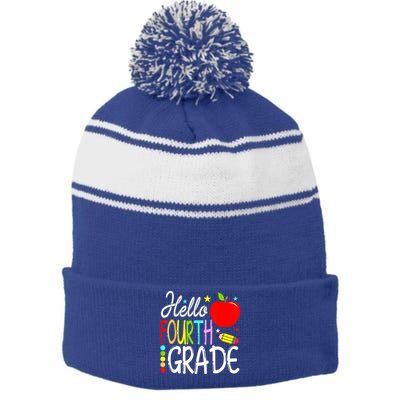 Hello Fourth Grade Team 4th Grade Back To School Teacher Stripe Pom Pom Beanie