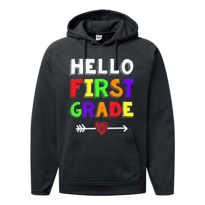 Hello First Grade Team 1st Grade Back To School Teacher Performance Fleece Hoodie