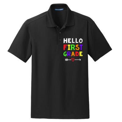 Hello First Grade Team 1st Grade Back To School Teacher Dry Zone Grid Polo