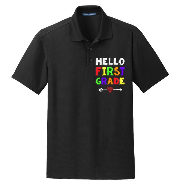 Hello First Grade Team 1st Grade Back To School Teacher Dry Zone Grid Polo