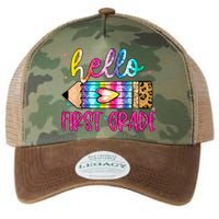 Hello First Grade Leopard Tie Dye Pencil Legacy Tie Dye Trucker Hat