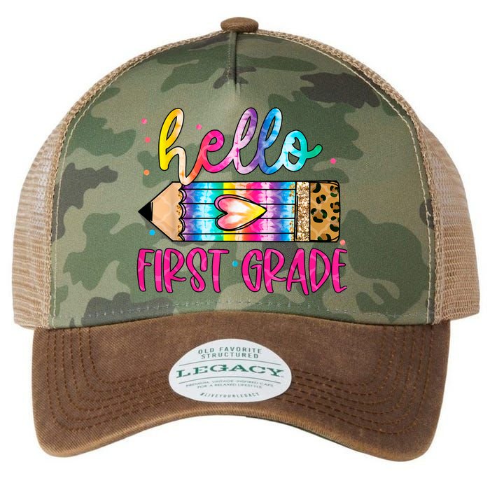 Hello First Grade Leopard Tie Dye Pencil Legacy Tie Dye Trucker Hat