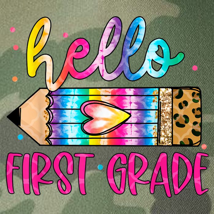Hello First Grade Leopard Tie Dye Pencil Legacy Tie Dye Trucker Hat