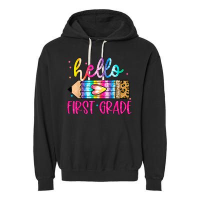 Hello First Grade Leopard Tie Dye Pencil Garment-Dyed Fleece Hoodie