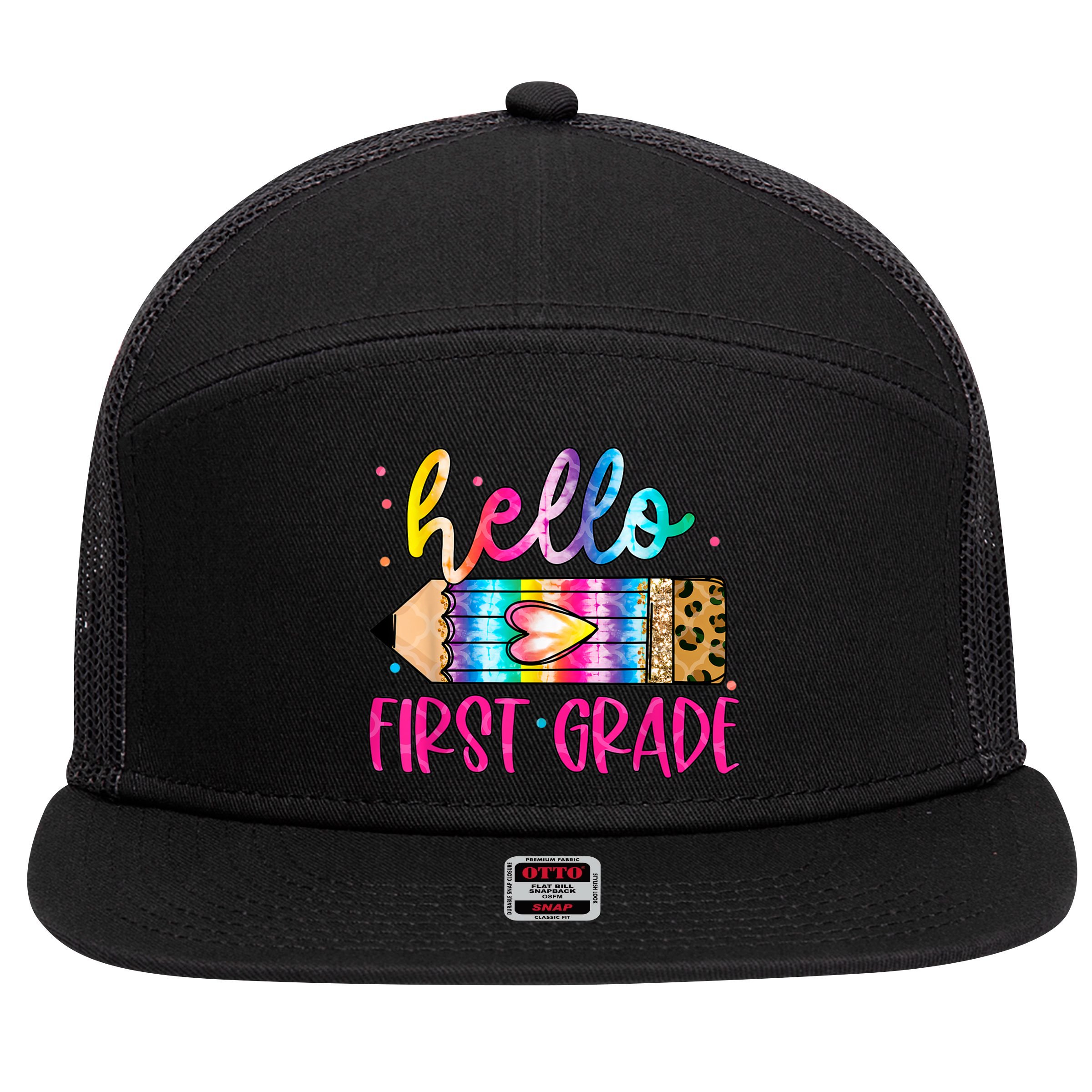 Hello First Grade Leopard Tie Dye Pencil 7 Panel Mesh Trucker Snapback Hat