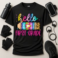 Hello First Grade Leopard Tie Dye Pencil Cooling Performance Crew T-Shirt