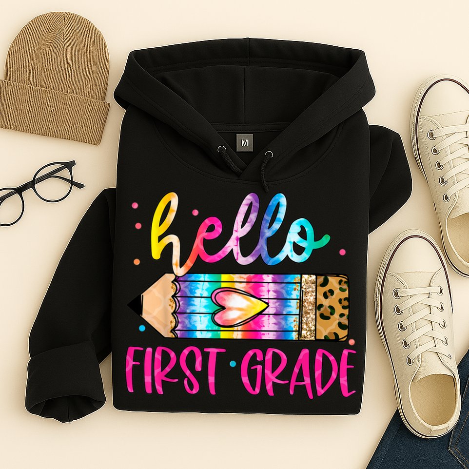Hello First Grade Leopard Tie Dye Pencil Hoodie