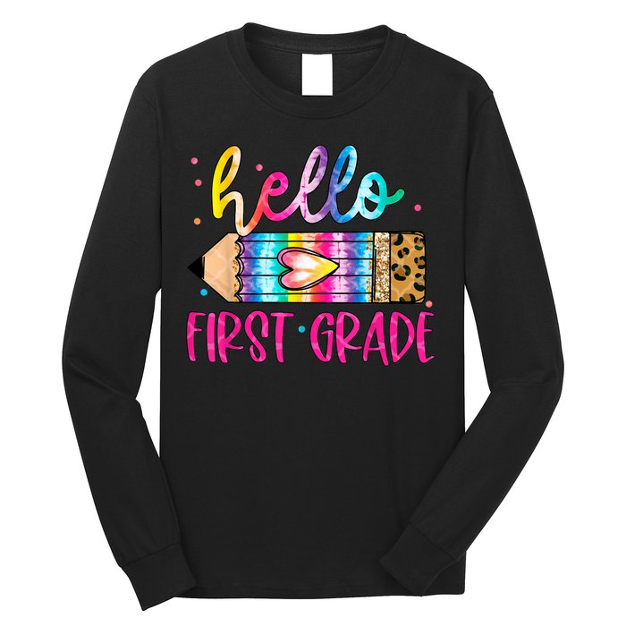 Hello First Grade Leopard Tie Dye Pencil Long Sleeve Shirt