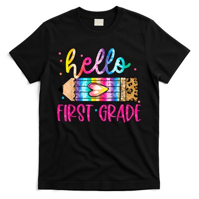 Hello First Grade Leopard Tie Dye Pencil T-Shirt