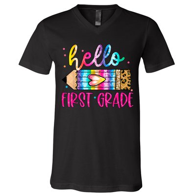 Hello First Grade Leopard Tie Dye Pencil V-Neck T-Shirt