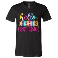 Hello First Grade Leopard Tie Dye Pencil V-Neck T-Shirt
