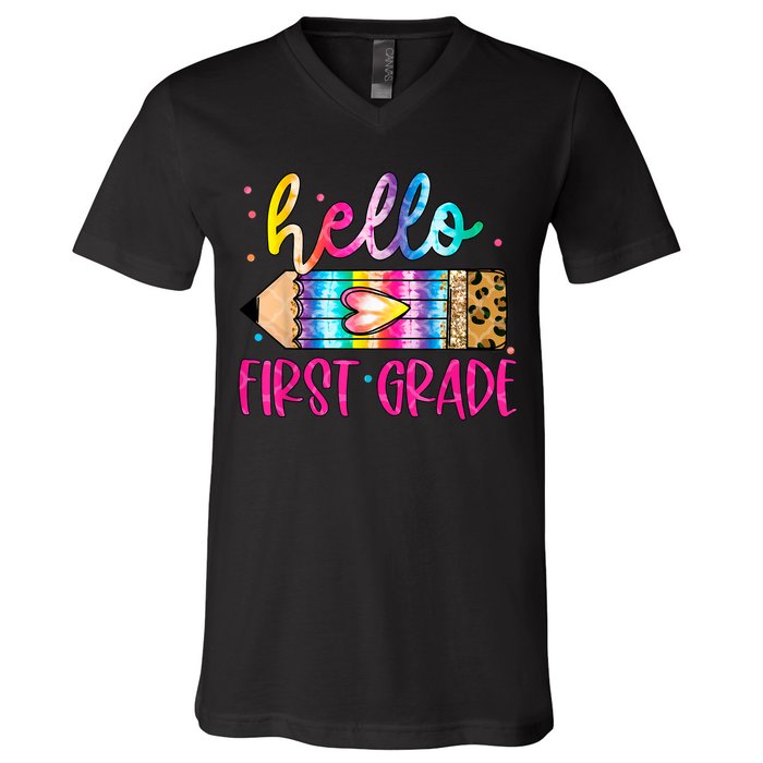 Hello First Grade Leopard Tie Dye Pencil V-Neck T-Shirt