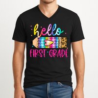 Hello First Grade Leopard Tie Dye Pencil V-Neck T-Shirt
