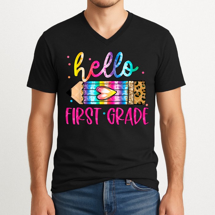 Hello First Grade Leopard Tie Dye Pencil V-Neck T-Shirt