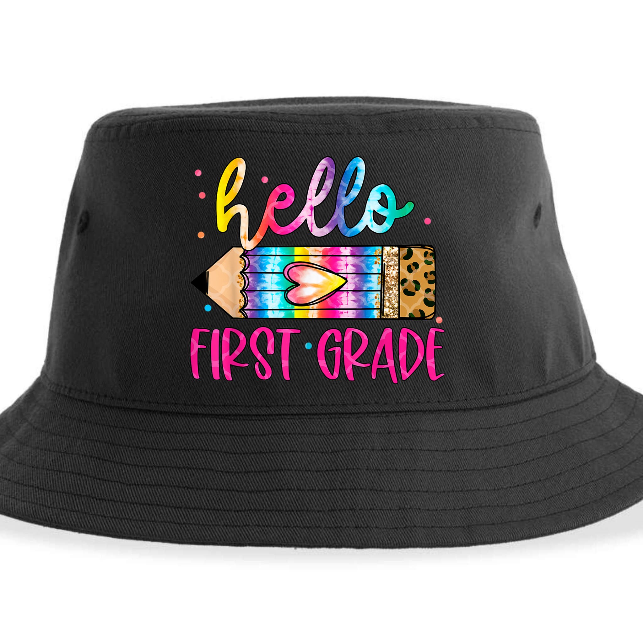 Hello First Grade Leopard Tie Dye Pencil Sustainable Bucket Hat