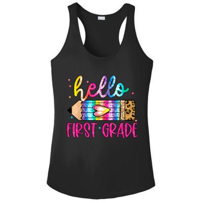 Hello First Grade Leopard Tie Dye Pencil Ladies PosiCharge Competitor Racerback Tank