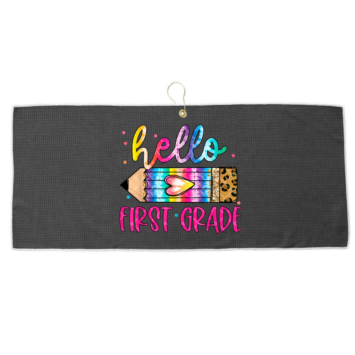 Hello First Grade Leopard Tie Dye Pencil Large Microfiber Waffle Golf Towel