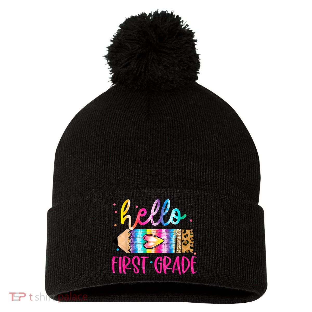 Hello First Grade Leopard Tie Dye Pencil Pom Pom 12in Knit Beanie