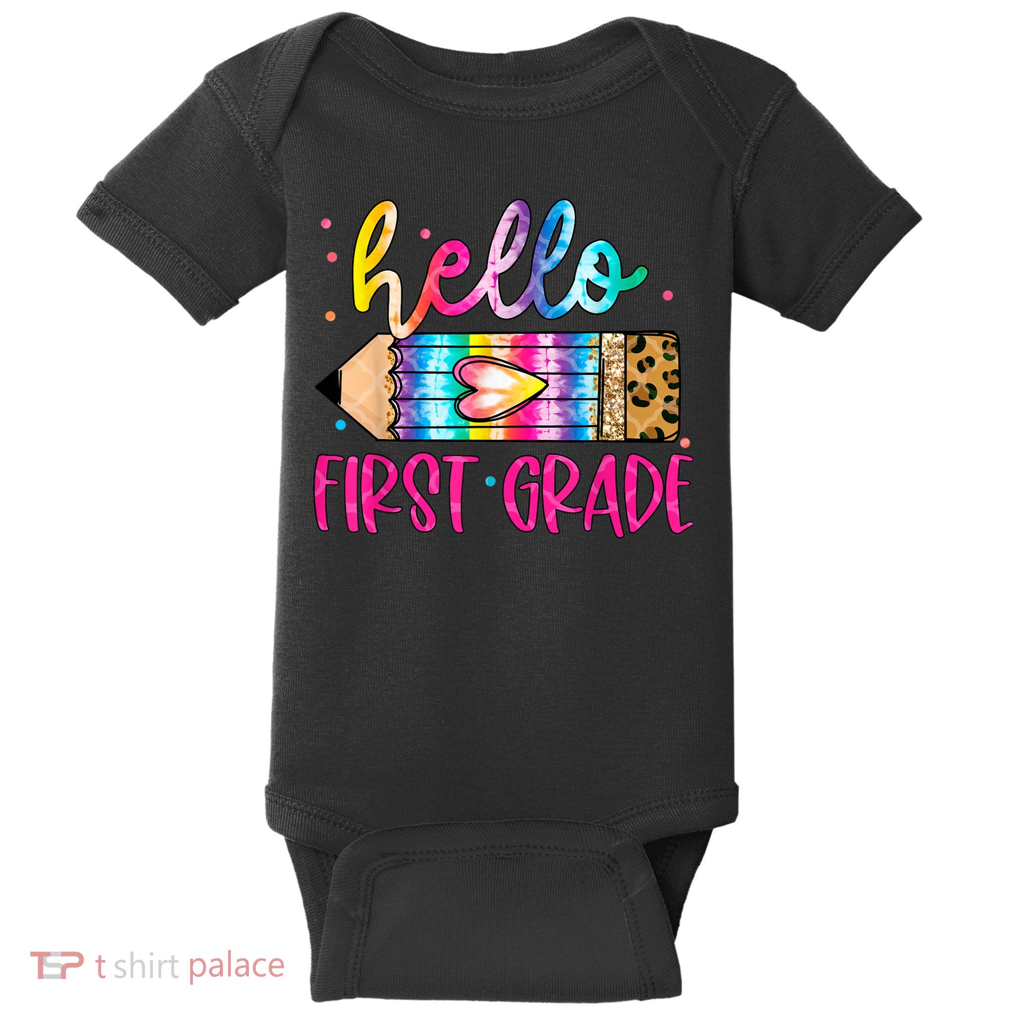 Hello First Grade Leopard Tie Dye Pencil Baby Bodysuit