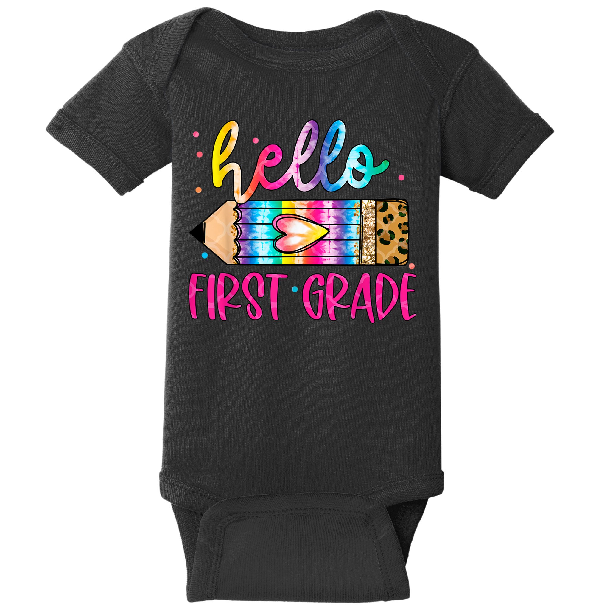 Hello First Grade Leopard Tie Dye Pencil Baby Bodysuit