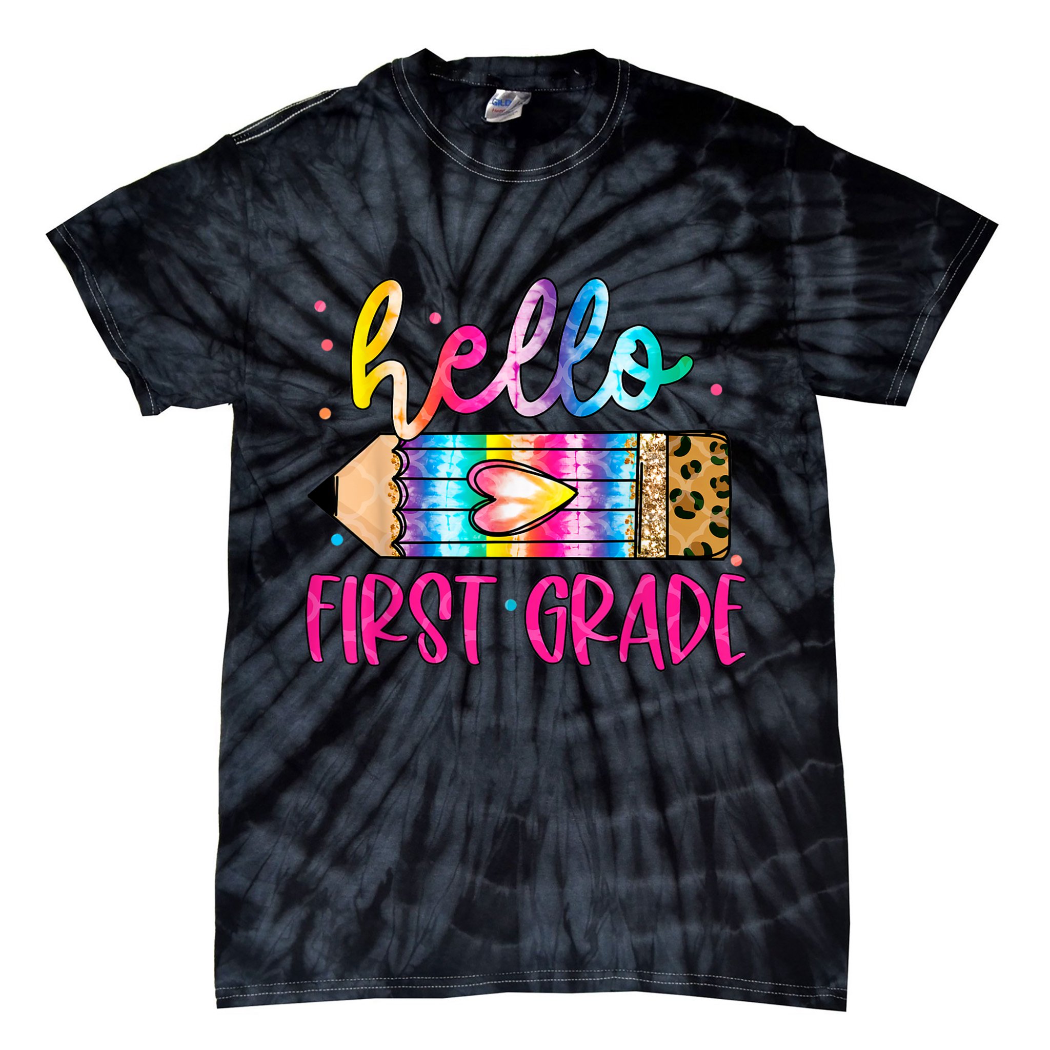 Hello First Grade Leopard Tie Dye Pencil Tie-Dye T-Shirt