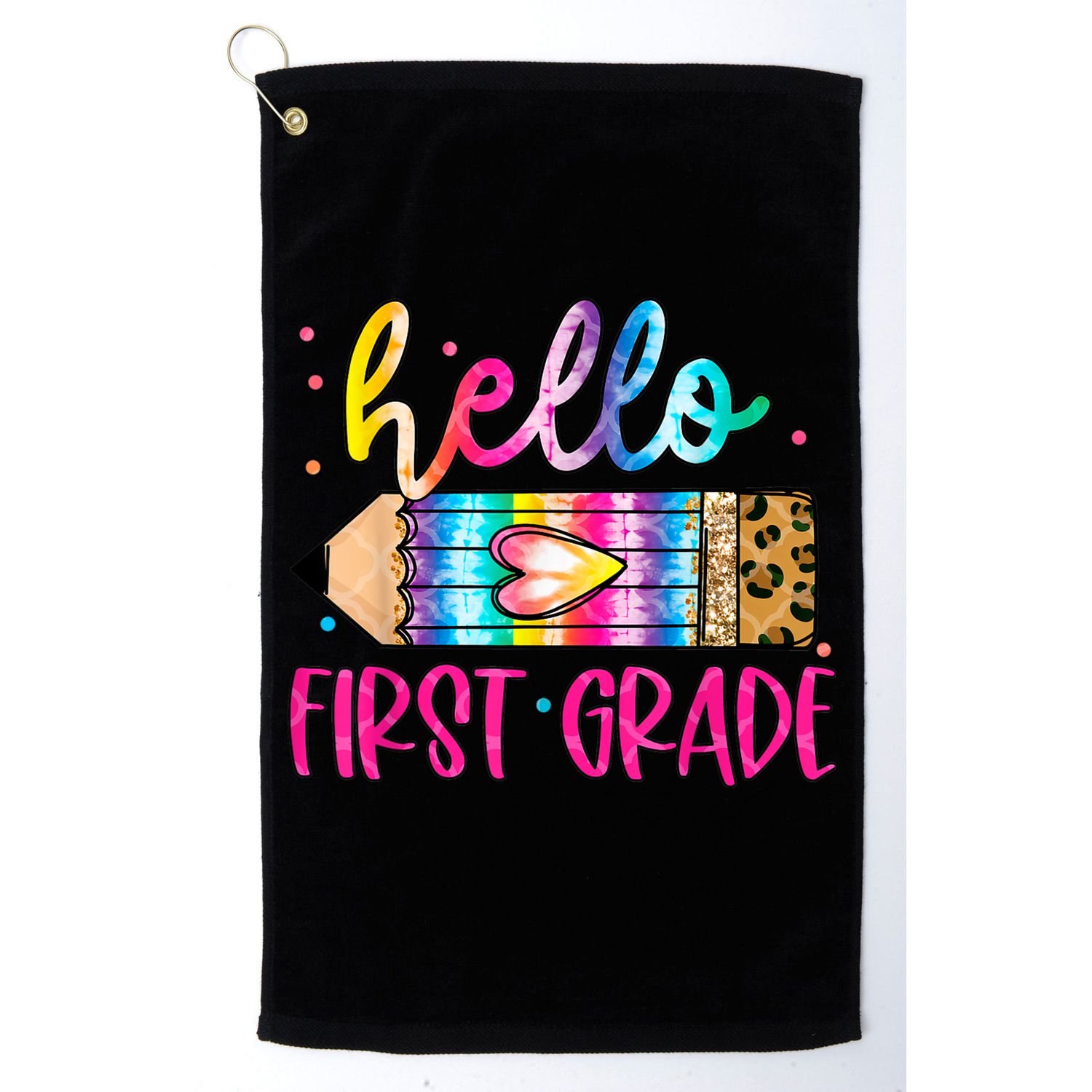 Hello First Grade Leopard Tie Dye Pencil Golf Towel