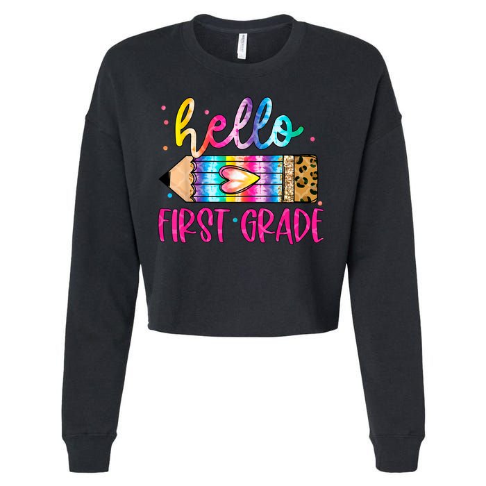 Hello First Grade Leopard Tie Dye Pencil Cropped Pullover Crew
