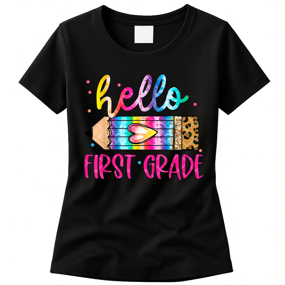 Hello First Grade Leopard Tie Dye Pencil Womens T-Shirt