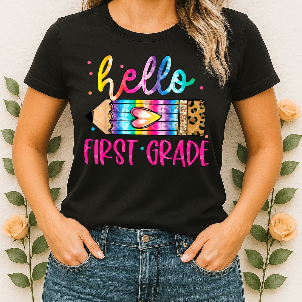 Hello First Grade Leopard Tie Dye Pencil Womens T-Shirt