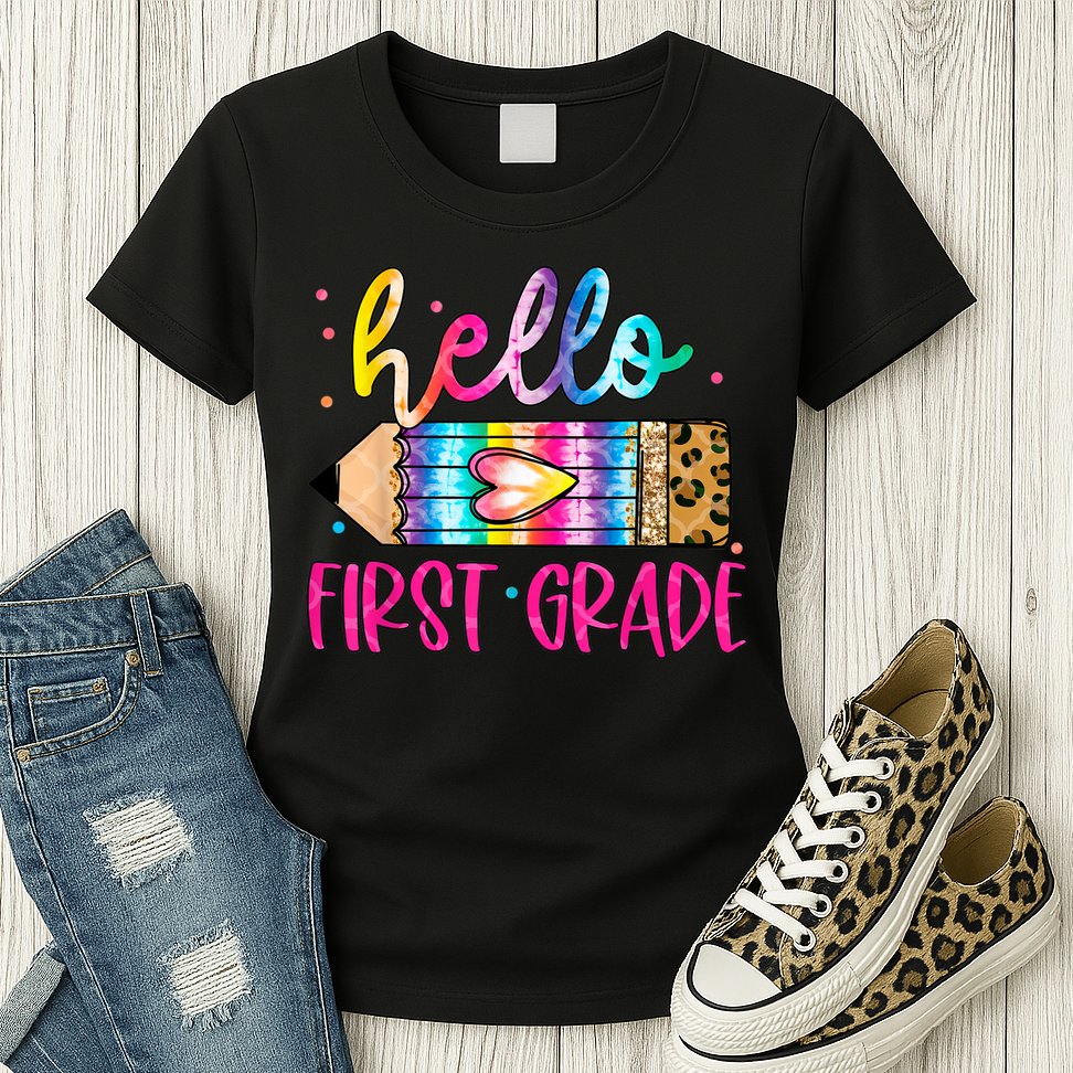 Hello First Grade Leopard Tie Dye Pencil Womens T-Shirt