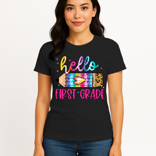 Hello First Grade Leopard Tie Dye Pencil Womens T-Shirt