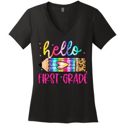 Hello First Grade Leopard Tie Dye Pencil Women's V-Neck T-Shirt